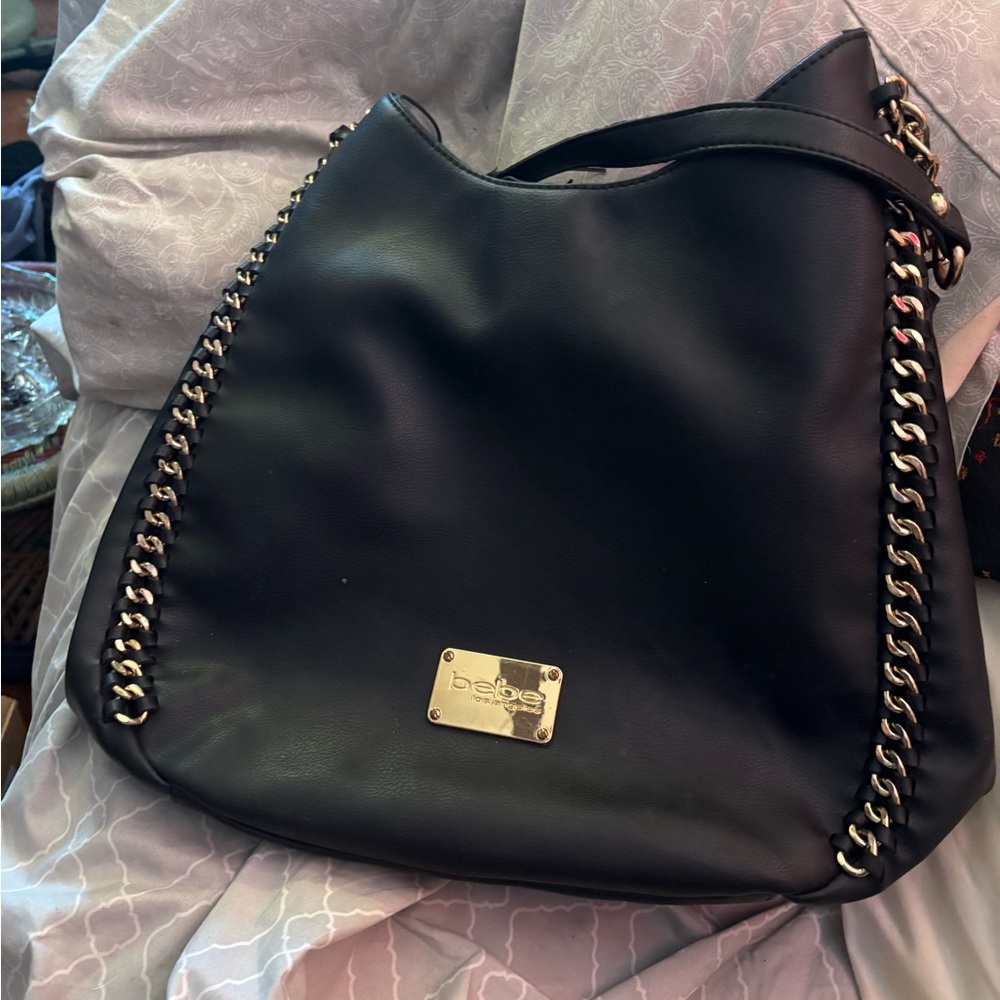 Bebe Black Hobo Bag with Gold Chain Detail